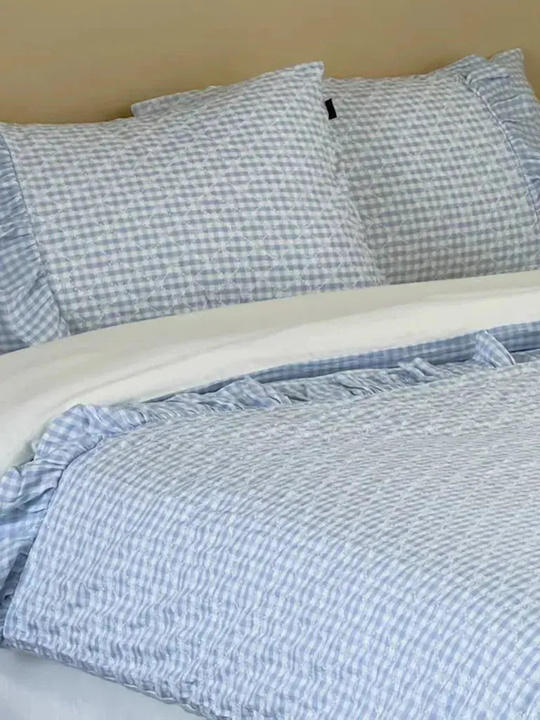 Cotton Muslin Gingham Bedding Set With Ruffle