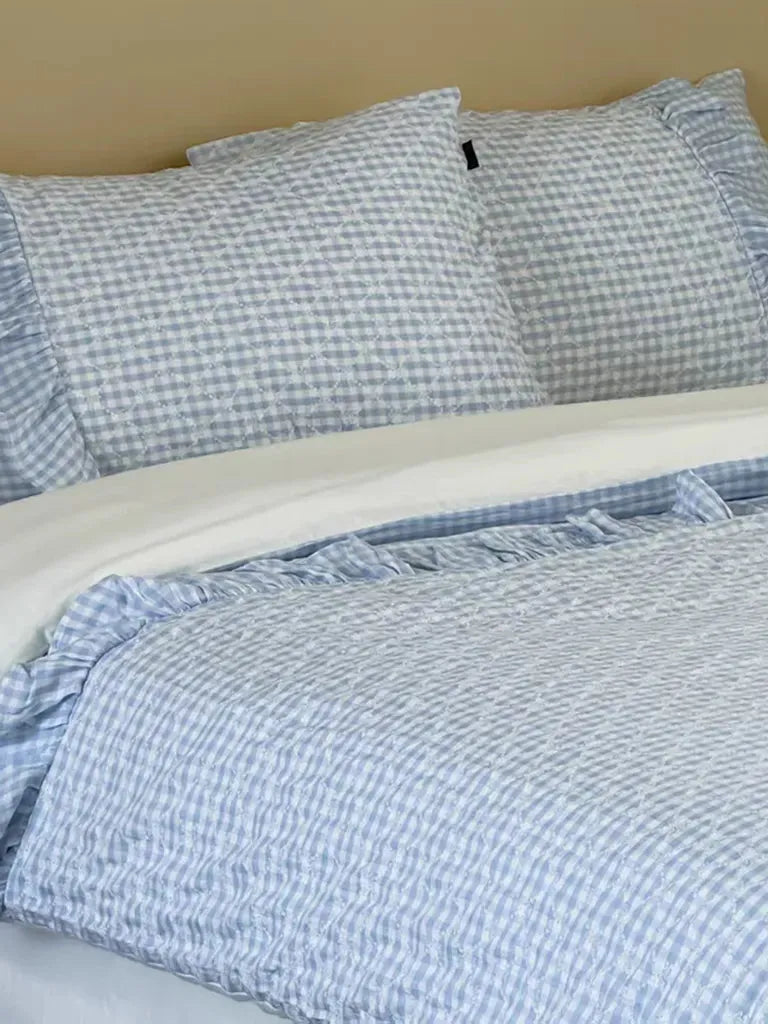 Cotton Muslin Gingham Bedding Set With Ruffle