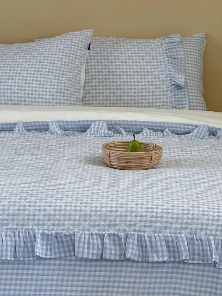 Cotton Muslin Gingham Bedding Set With Ruffle