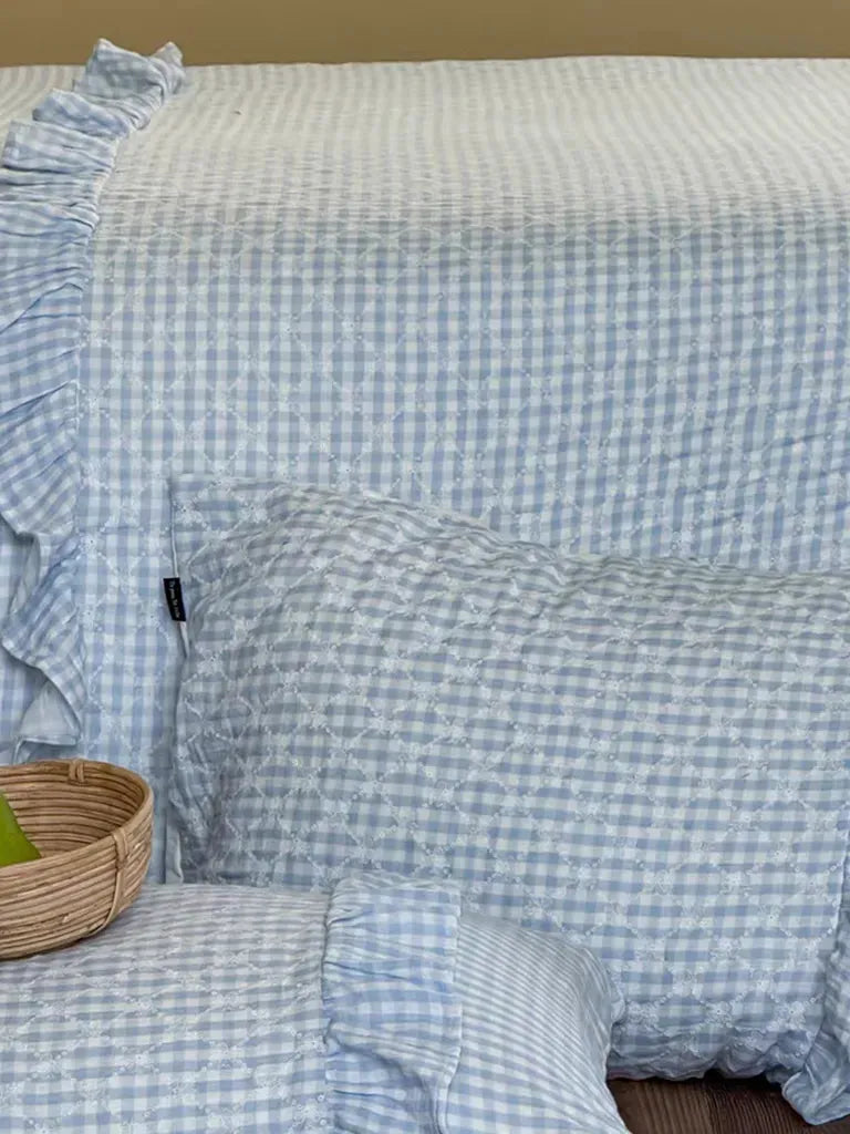 Cotton Muslin Gingham Bedding Set With Ruffle