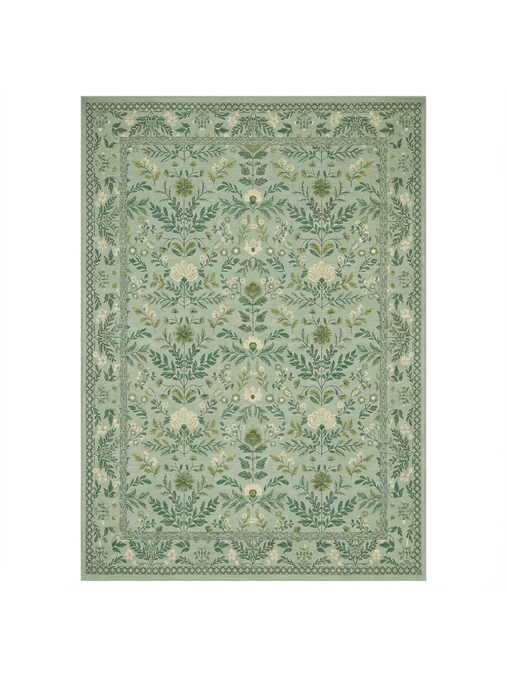 Vintage Botanical Jacquard Wool Rug - Sage Green