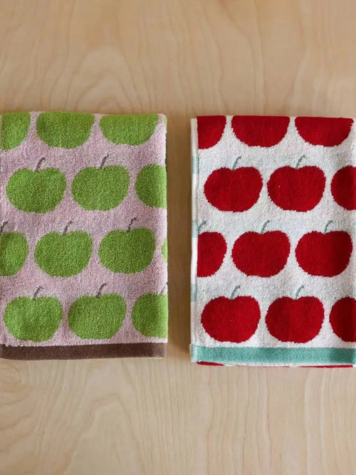 Set of Breezora Apple Terry Towels with soft, absorbent cotton fabric, featuring vibrant apple-themed designs.
