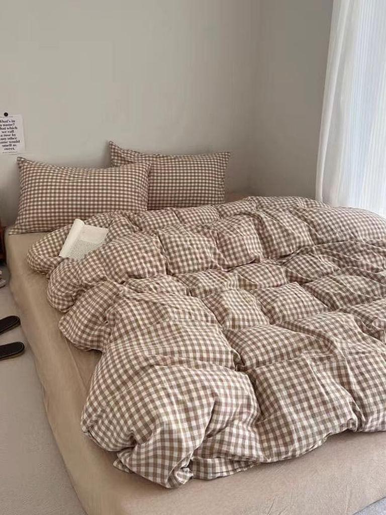 Beige Gingham Duvet Cover Set