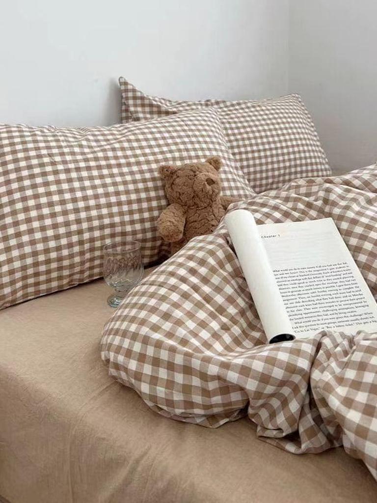 Beige Gingham Duvet Cover Set