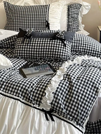 Black Gingham with Bow Ruched Duvet Cover