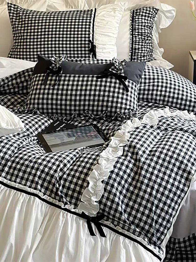 Black Gingham with Bow Ruched Duvet Cover