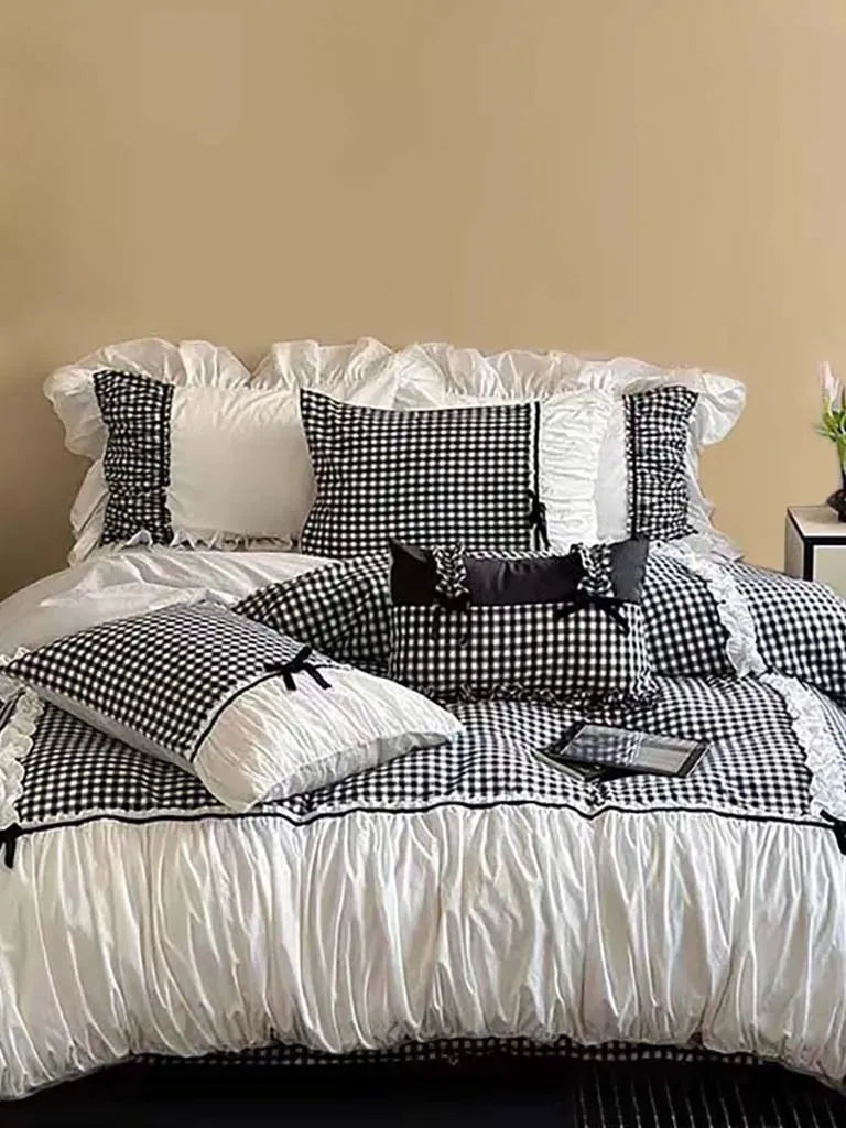 Black Gingham with Bow Ruched Duvet Cover
