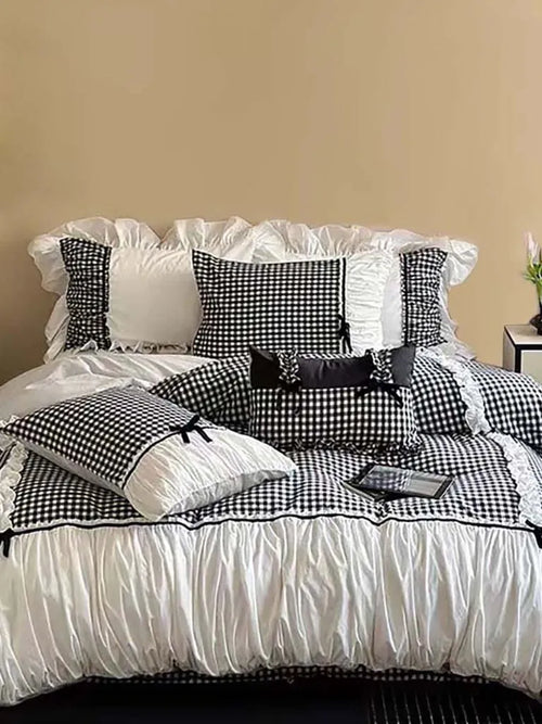 Black Gingham with Bow Ruched Duvet Cover