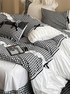 Black Gingham with Bow Ruched Duvet Cover