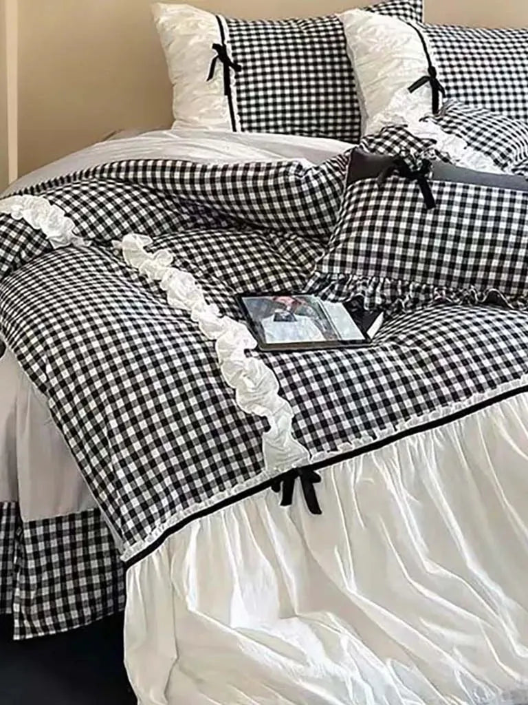 Black Gingham with Bow Ruched Duvet Cover