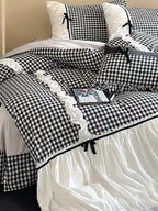 Black Gingham with Bow Ruched Duvet Cover