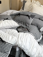 Black Gingham with Bow Ruched Duvet Cover