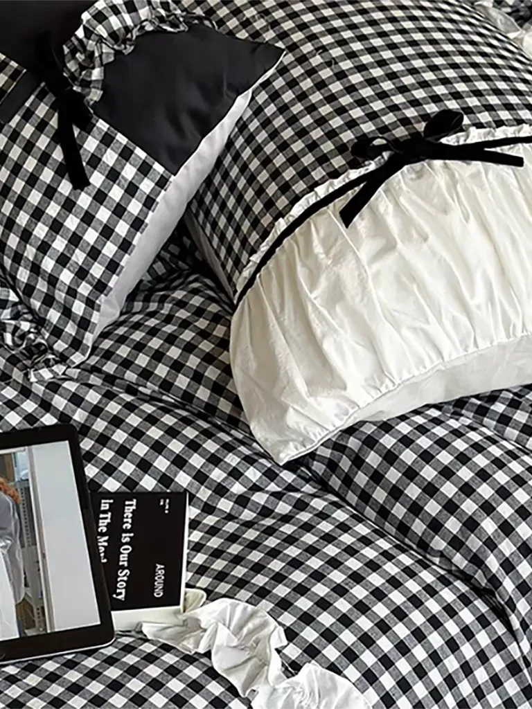 Black Gingham with Bow Ruched Duvet Cover