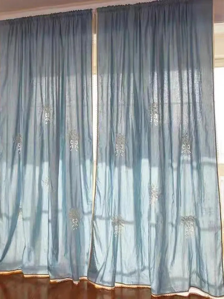 Blue Bouquet Embroidery Rod Pocket Sheer Curtain