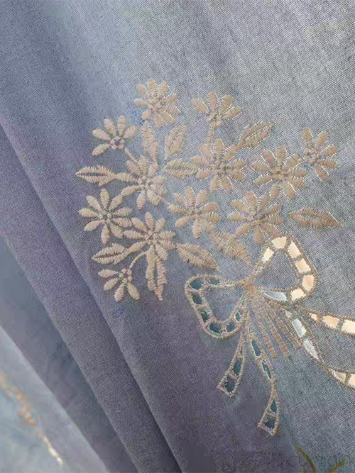 Blue Bouquet Embroidery Rod Pocket Sheer Curtain