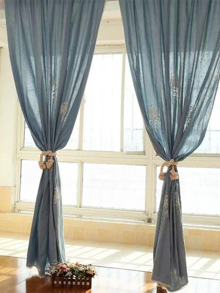 Blue Bouquet Embroidery Rod Pocket Sheer Curtain