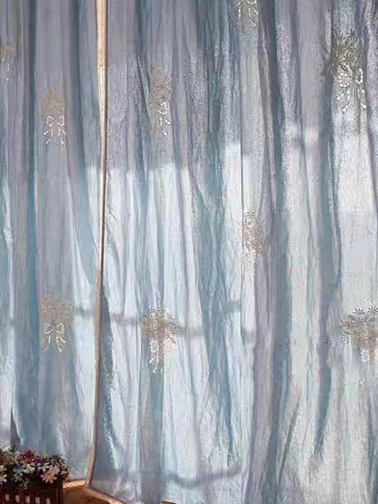 Blue Bouquet Embroidery Rod Pocket Sheer Curtain