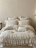 Boho linen lace bedding set by Breezora featuring delicate lace trim and a soft, textured fabric in neutral tones.
