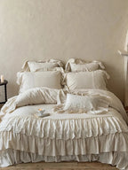 Boho linen lace bedding set by Breezora featuring delicate lace trim and a soft, textured fabric in neutral tones.