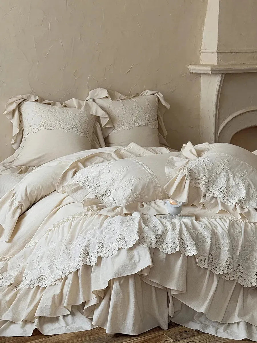 Boho linen lace bedding set by Breezora featuring intricate lace details and a soft, natural color palette.
