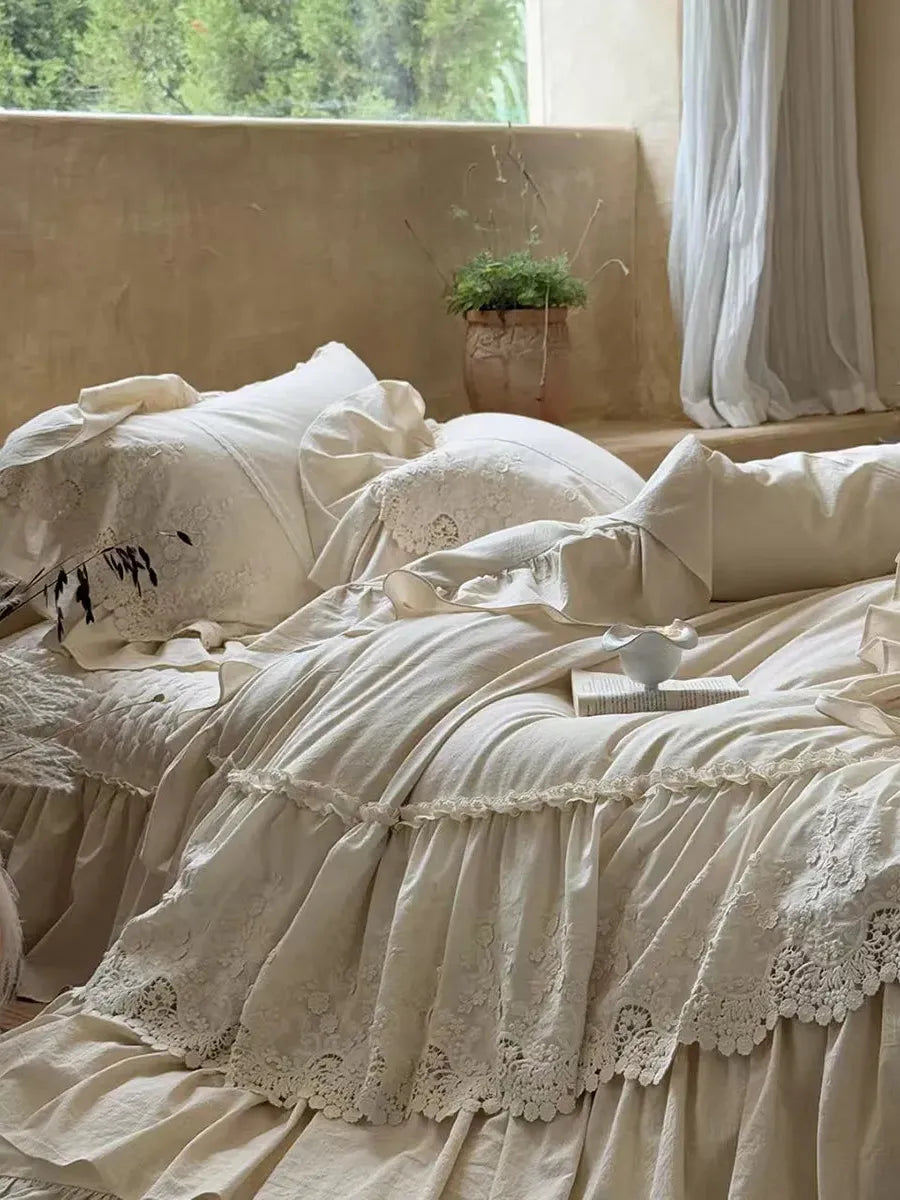 Boho linen lace bedding set by Breezora featuring intricate lace detailing and a soft, textured finish.