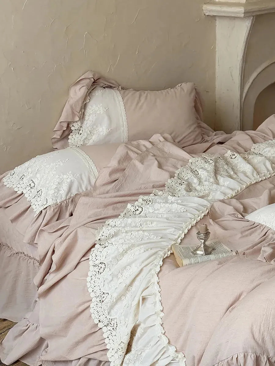 Boho Linen Lace Bedding Set by Breezora featuring delicate lace details and soft linen fabric in neutral tones.
