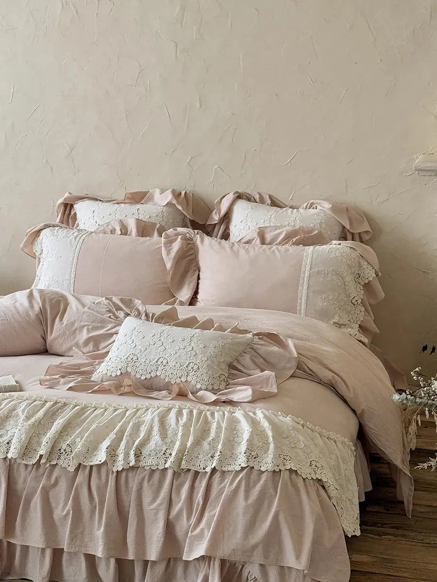 Boho linen lace bedding set by Breezora featuring intricate lace details and a soft, textured fabric in natural tones.
