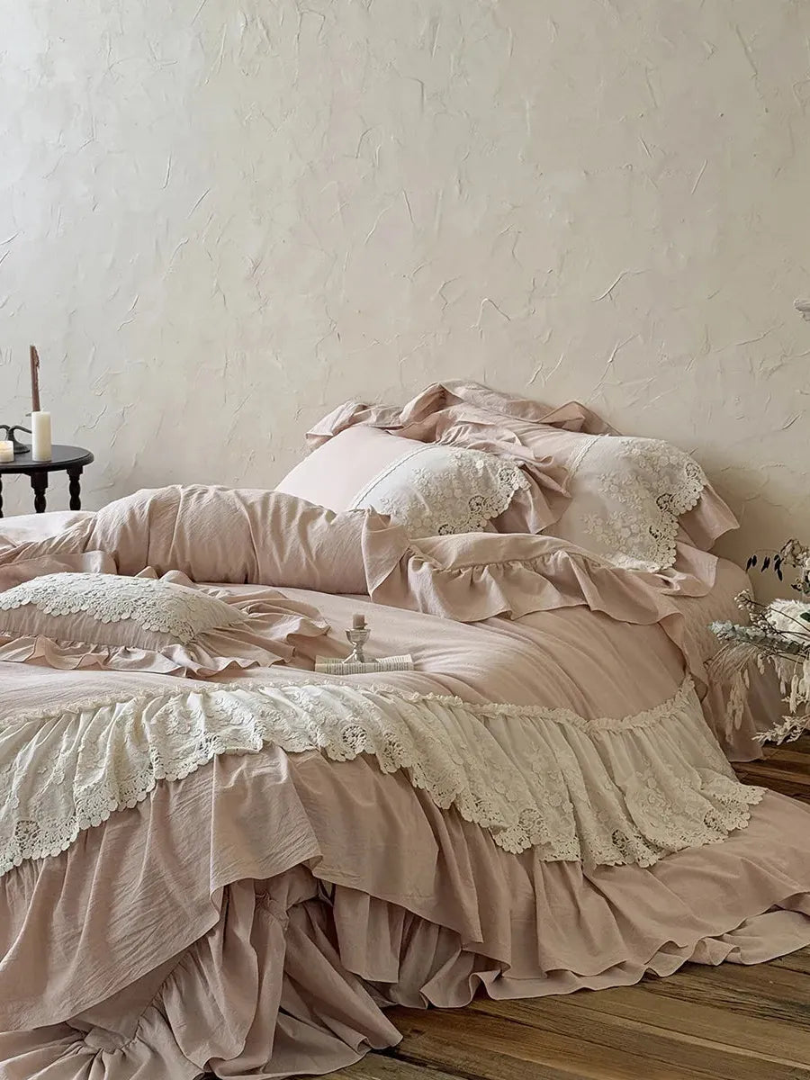 Boho Linen Lace Bedding Set by Breezora featuring intricate lace details and soft linen fabric in a cozy bedroom setting.