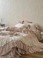 Boho Linen Lace Bedding Set by Breezora featuring intricate lace details and soft linen fabric in a cozy bedroom setting.