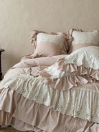 Boho linen lace bedding set by Breezora featuring intricate lace details and a soft, natural color palette.