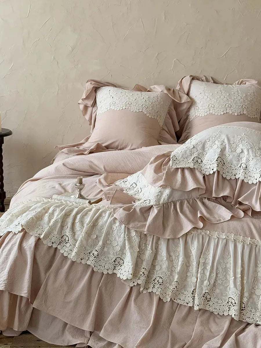 Boho linen lace bedding set by Breezora featuring intricate lace details and a soft, natural color palette.