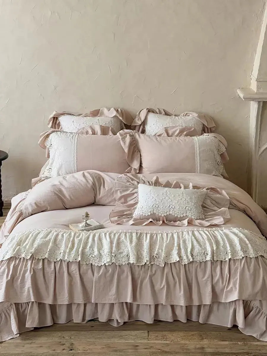 Boho Linen Lace Bedding Set by Breezora, featuring intricate lace details and a soft linen texture in natural tones.
