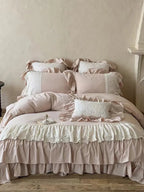 Boho Linen Lace Bedding Set by Breezora, featuring intricate lace details and a soft linen texture in natural tones.