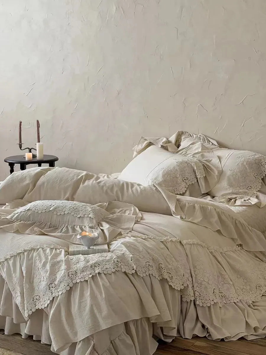 Boho Linen Lace Bedding Set by Breezora featuring intricate lace details and a soft, natural linen texture.