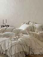 Boho Linen Lace Bedding Set by Breezora featuring intricate lace details and a soft, natural linen texture.