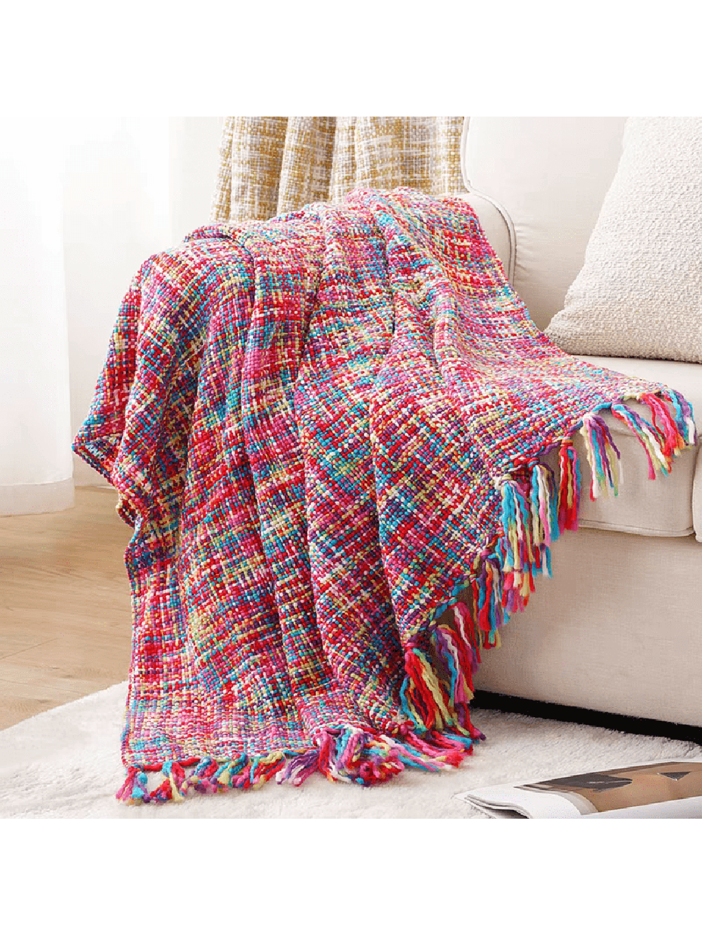 Colorful Knitted Blanket with Tassel