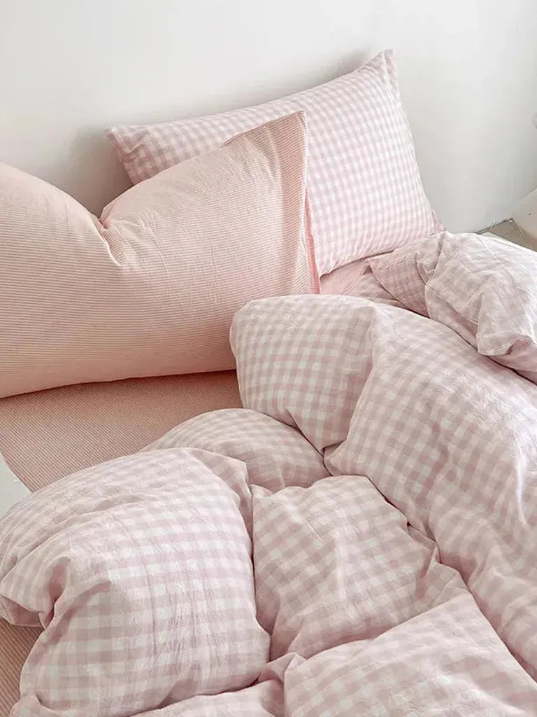 Cotton Small Gingham Bedding Set - Baby Pink