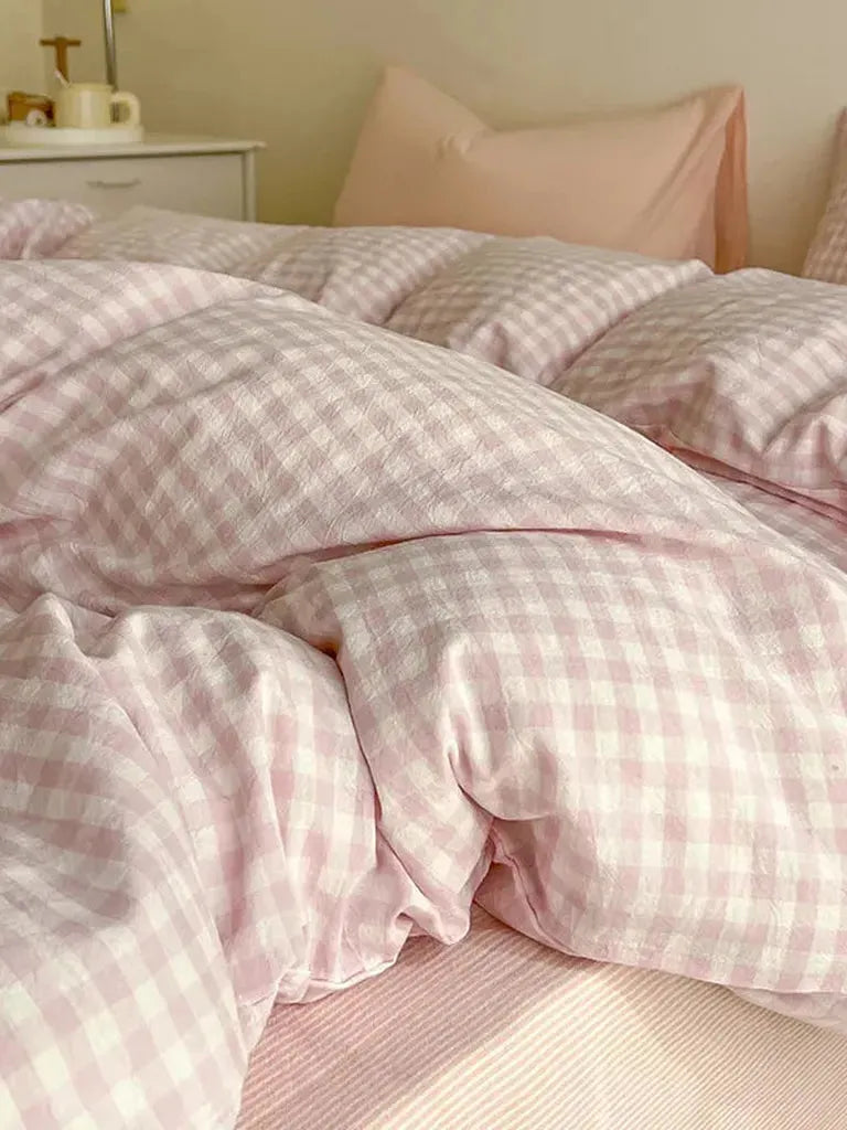 Cotton Small Gingham Bedding Set - Baby Pink