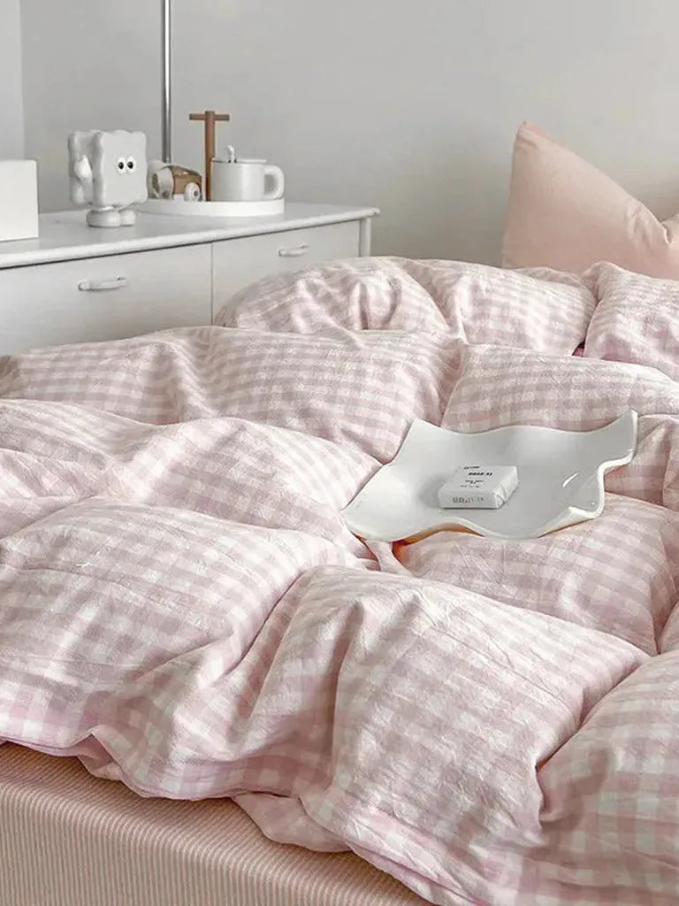 Cotton Small Gingham Bedding Set - Baby Pink