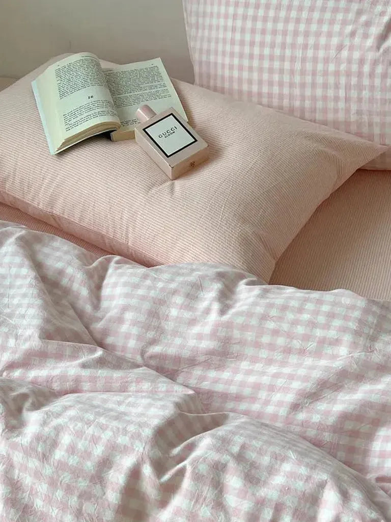 Cotton Small Gingham Bedding Set - Baby Pink
