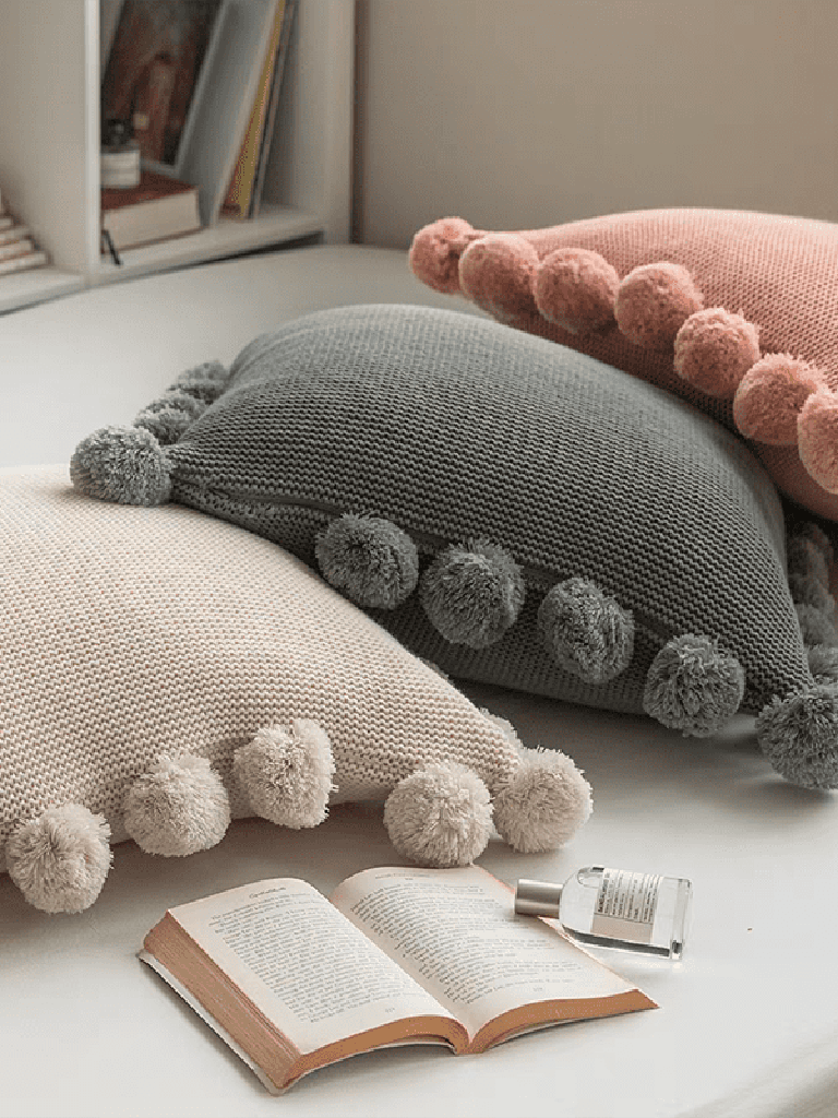 Cozy Knit Pom Pom Throw Pillow