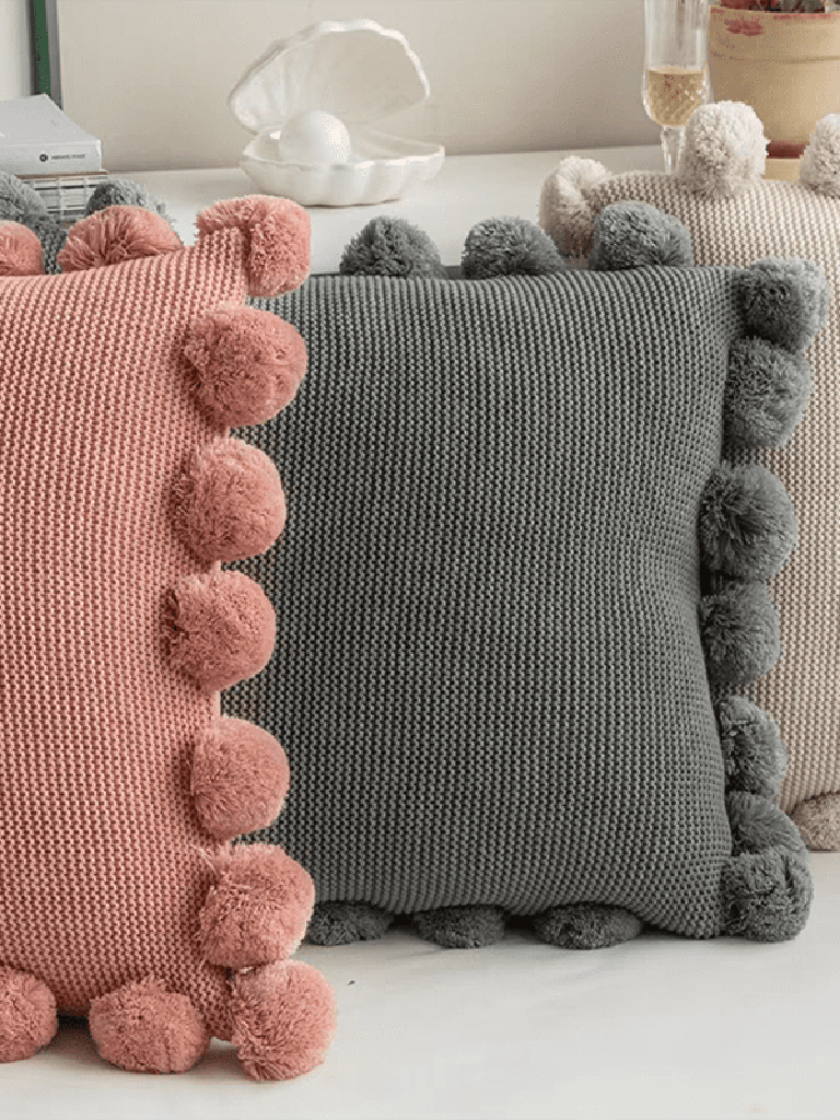 Cozy Knit Pom Pom Throw Pillow