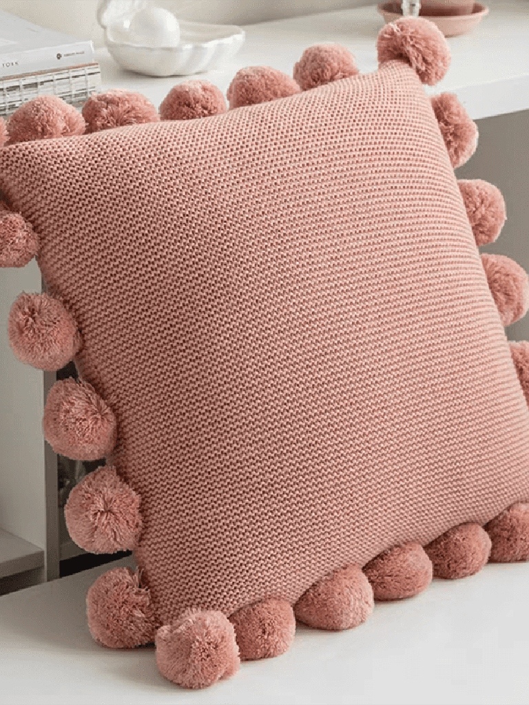 Cozy Knit Pom Pom Throw Pillow
