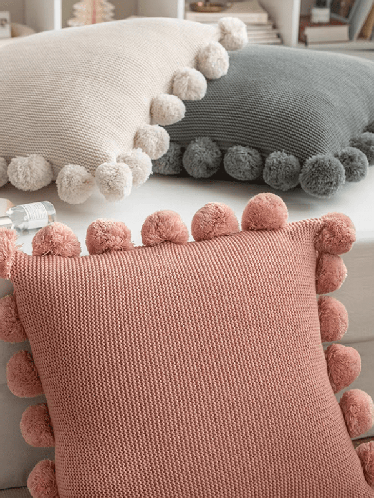 Cozy Knit Pom Pom Throw Pillow