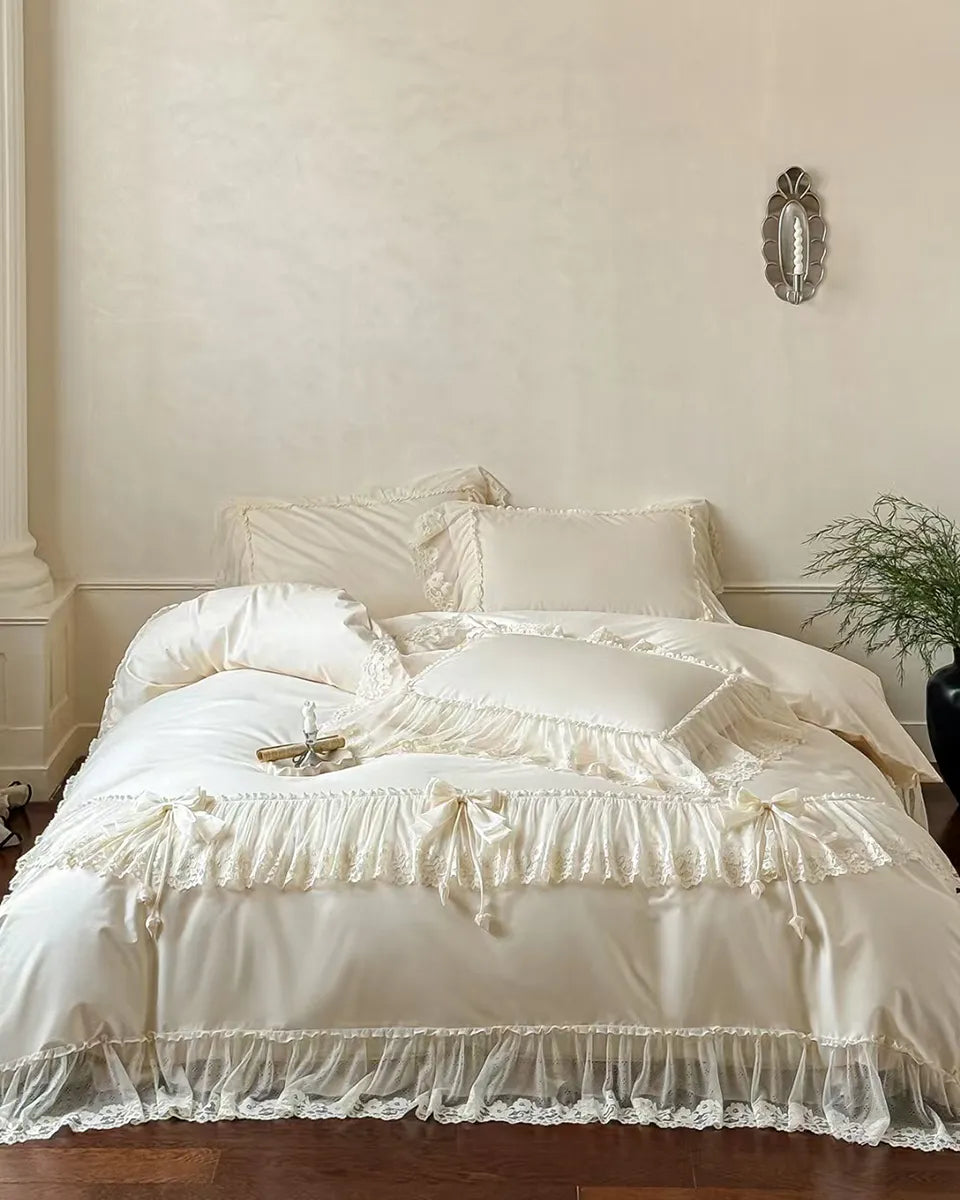 Elegant French lace bedding set by Breezora featuring intricate lace detailing and soft fabric, perfect for stylish bedrooms.