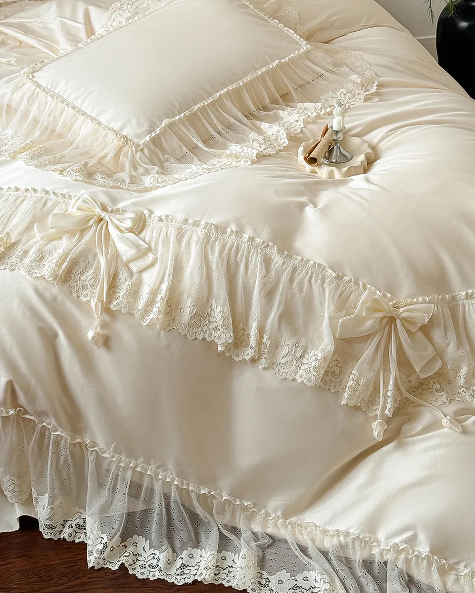 Elegant French lace bedding set by Breezora featuring intricate lace details and soft, luxurious fabric.