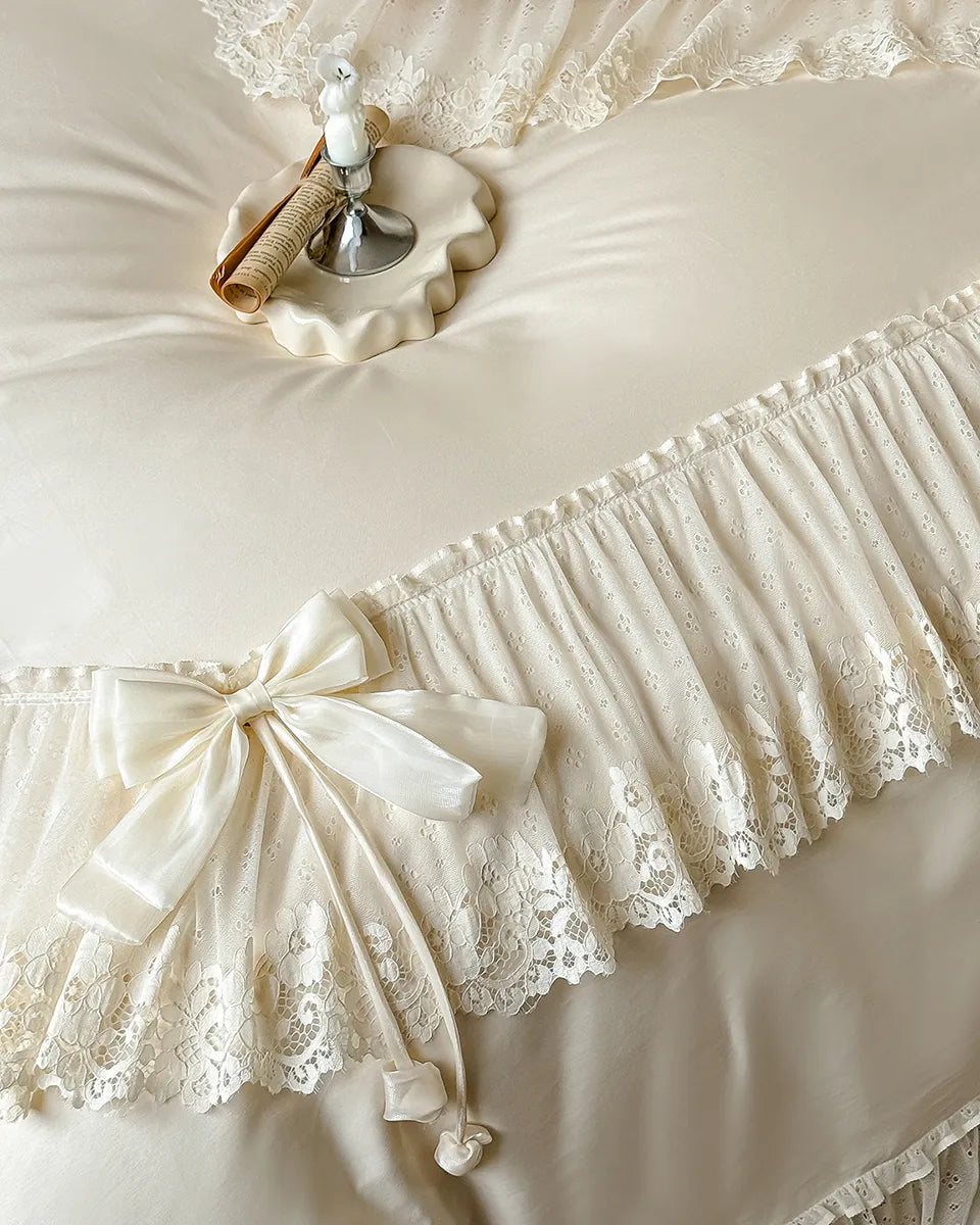 Elegant French lace bedding set by Breezora featuring intricate lace details and soft fabric in a cozy bedroom setting.
