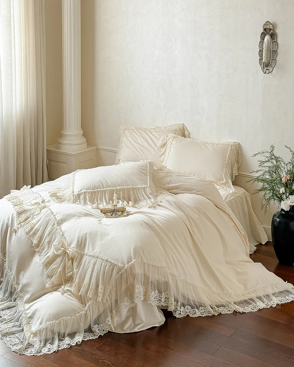 Elegant French lace bedding set by Breezora featuring intricate lace details and soft fabric in a serene bedroom setting.