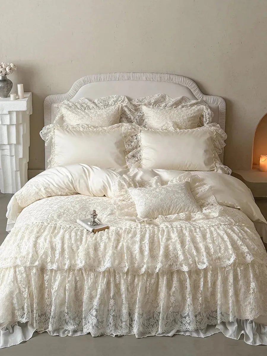 Breezora Rococo layered lace bedding set featuring intricate lace details and soft fabric in a stylish arrangement.