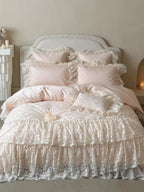 Breezora Rococo layered lace bedding set featuring intricate lace details in soft, elegant tones.